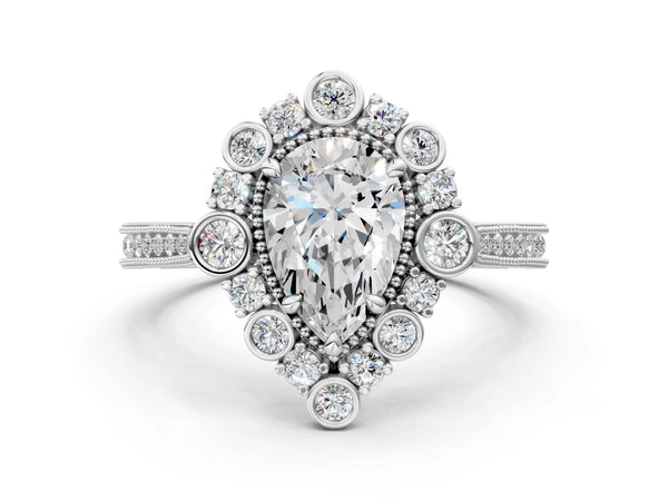Sterling Silver Pear-Shaped Scalloped Milgrain Halo Engagement Ring Setting