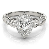 Silver Pear Halo Scrollwork Engagement Ring with Prong Setting 1