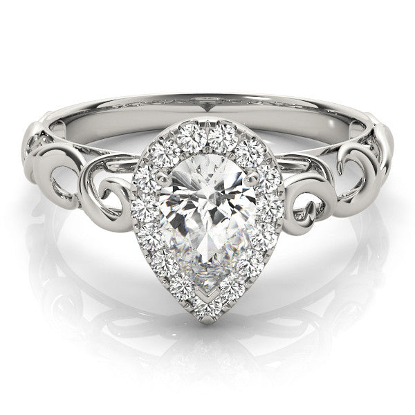 Silver Pear Halo Scrollwork Engagement Ring with Prong Setting