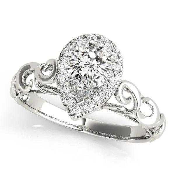 Silver Pear Halo Scrollwork Engagement Ring with Prong Setting
