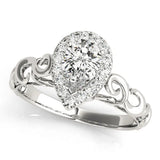 Silver Pear Halo Scrollwork Engagement Ring with Prong Setting