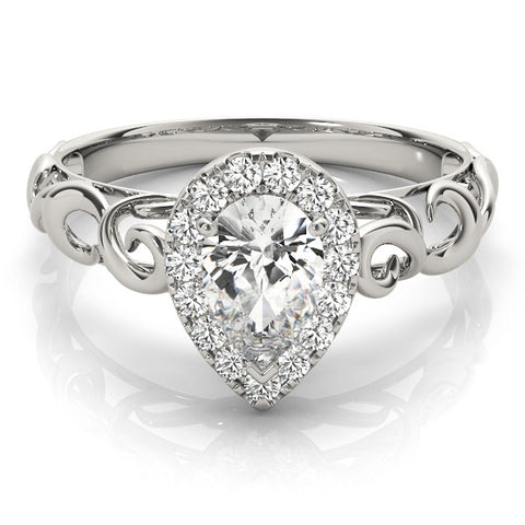 Silver Pear Halo Scrollwork Engagement Ring with Prong Setting