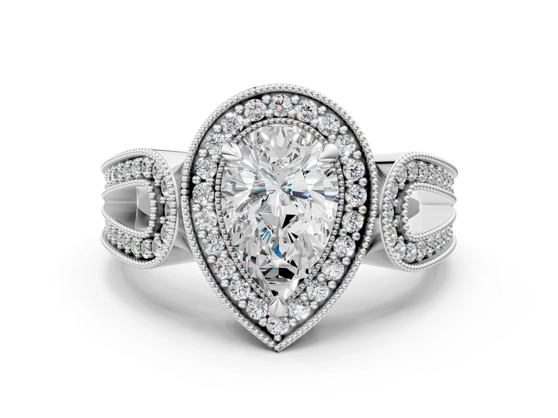 Silver Pear Halo Split Shank Milgrain Diamond Ring_18