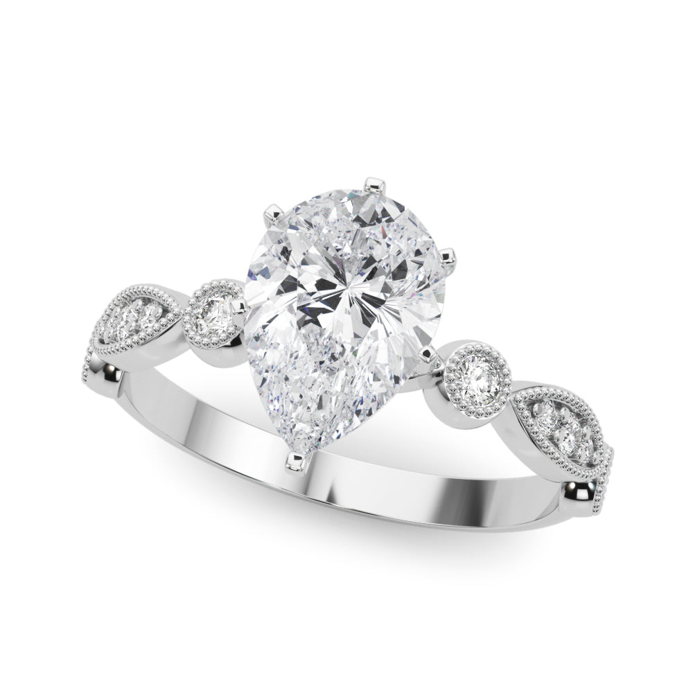 Silver Pear Milgrain Bezel Diamond Engagement Ring with Solitaire Prong Setting 2