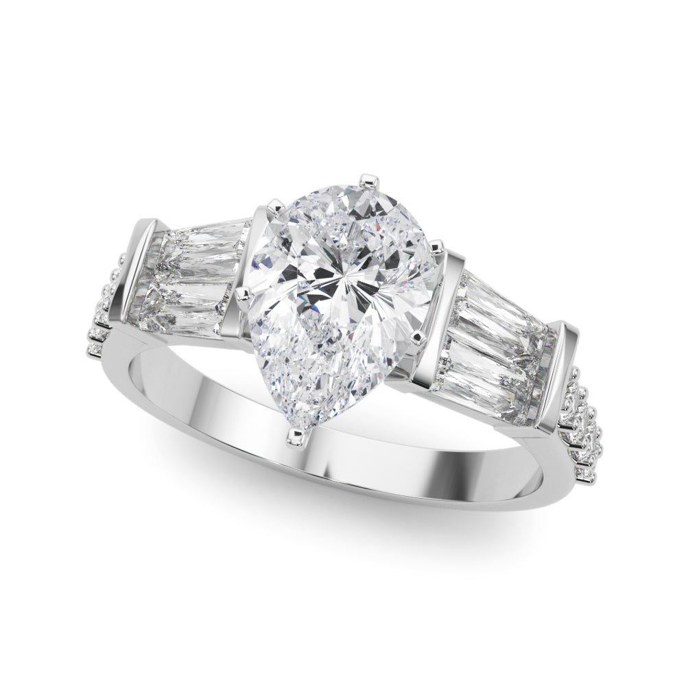 Silver Pear Solitaire Baguette Side Stone Channel Set Engagement Ring 2