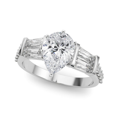 Silver Pear Solitaire Baguette Side Stone Channel Set Engagement Ring 2