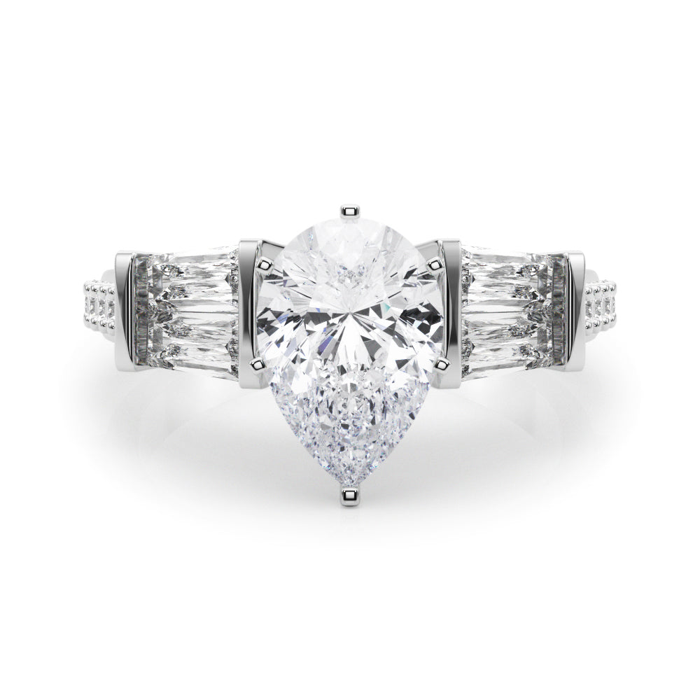 Silver Pear Solitaire Baguette Side Stone Channel Set Engagement Ring