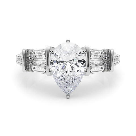 Silver Pear Solitaire Baguette Side Stone Channel Set Engagement Ring