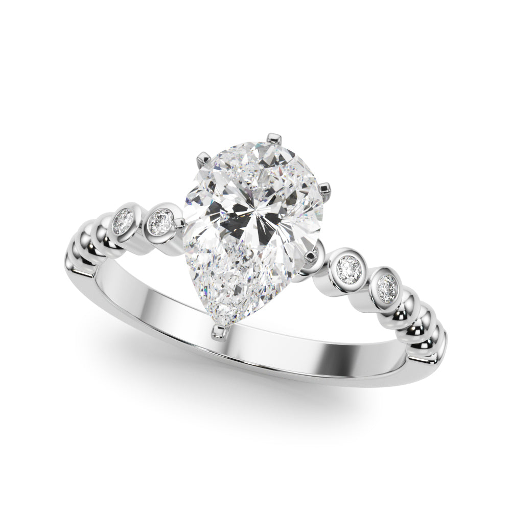 Silver Pear Solitaire Bezel Accent Diamond Engagement Ring with Beaded Band and Four-Prong Setting 2
