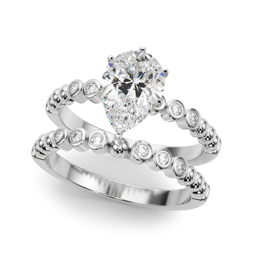 Silver Pear Solitaire Bezel Accent Diamond Engagement Ring with Beaded Band and Four-Prong Setting