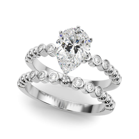 Silver Pear Solitaire Bezel Accent Diamond Engagement Ring with Beaded Band and Four-Prong Setting