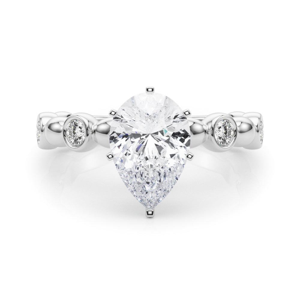 Silver Pear Solitaire Bezel-Set Diamond Ring with Beaded Band and Four-Prong Setting
