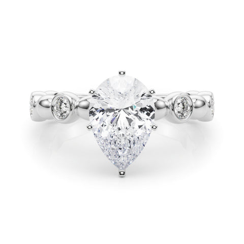 Silver Pear Solitaire Bezel-Set Diamond Ring with Beaded Band and Four-Prong Setting