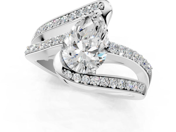 Silver Pear Solitaire Bypass Diamond Engagement Ring with Channel-Set Band and Four-Prong Setting