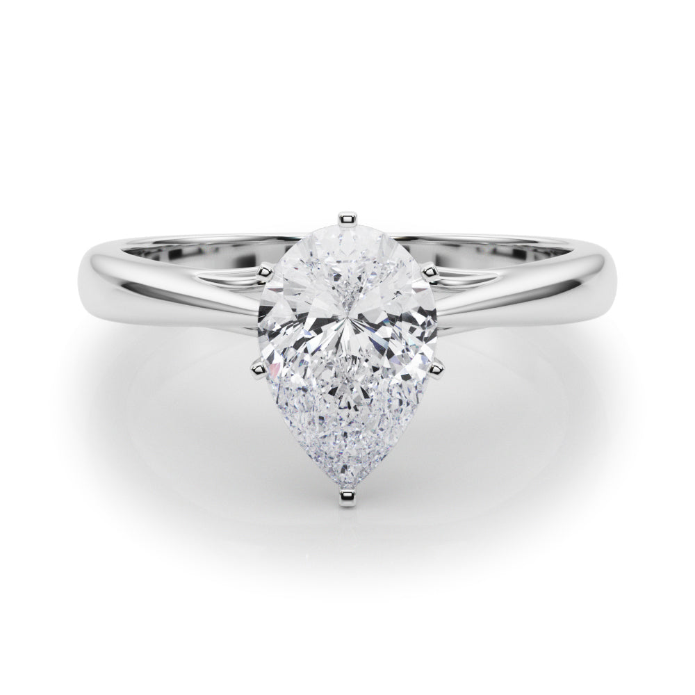 Silver Pear Solitaire Diamond Engagement Ring with Cathedral Setting and Four-Prong Mount on a Classic Band