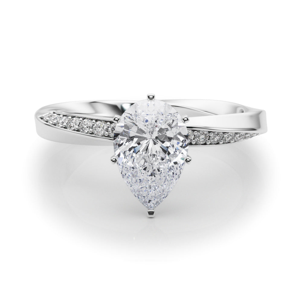 Silver Pear Solitaire Diamond Engagement Ring with Side Stone Accents and Four-Prong Setting