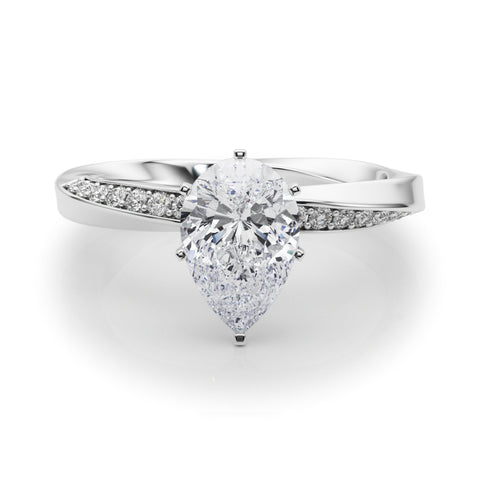 Silver Pear Solitaire Diamond Engagement Ring with Side Stone Accents and Four-Prong Setting