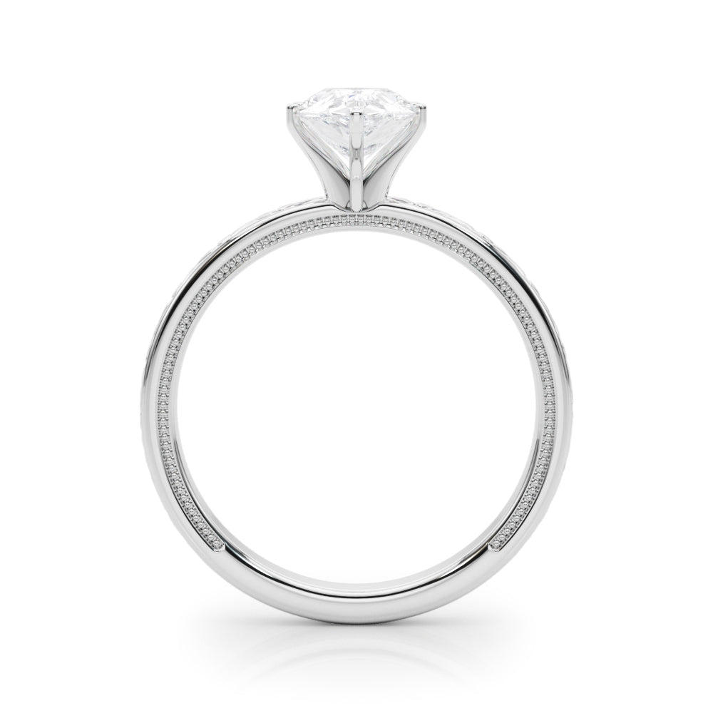 Silver Pear Solitaire Diamond Engagement Ring with XO Engraved Band and Four-Prong Setting 1