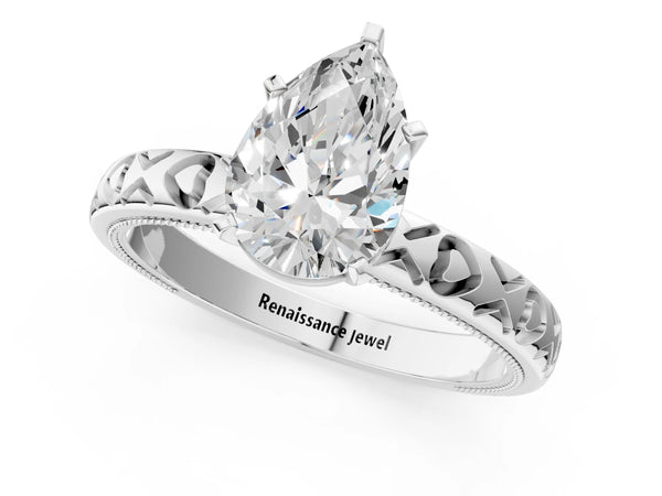 Sterling Silver Pear-Shaped Solitaire Engagement Ring Setting with XO Engraved Band