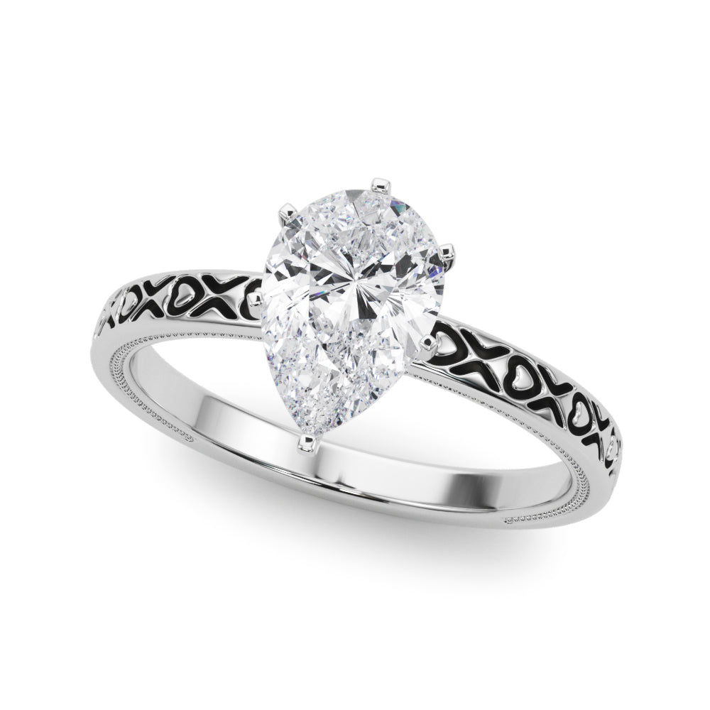 Silver Pear Solitaire Diamond Engagement Ring with XO Engraved Band and Four-Prong Setting 2