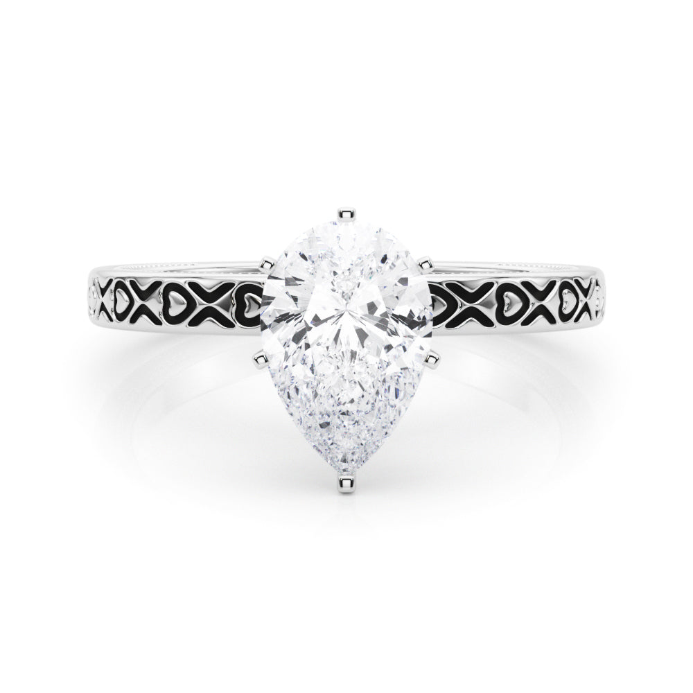 Silver Pear Solitaire Diamond Engagement Ring with XO Engraved Band and Four-Prong Setting