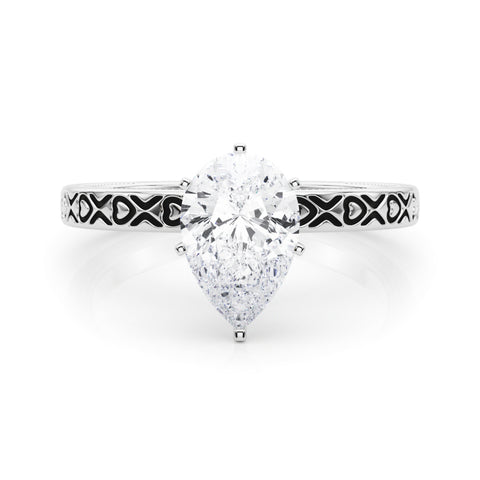 Silver Pear Solitaire Diamond Engagement Ring with XO Engraved Band and Four-Prong Setting