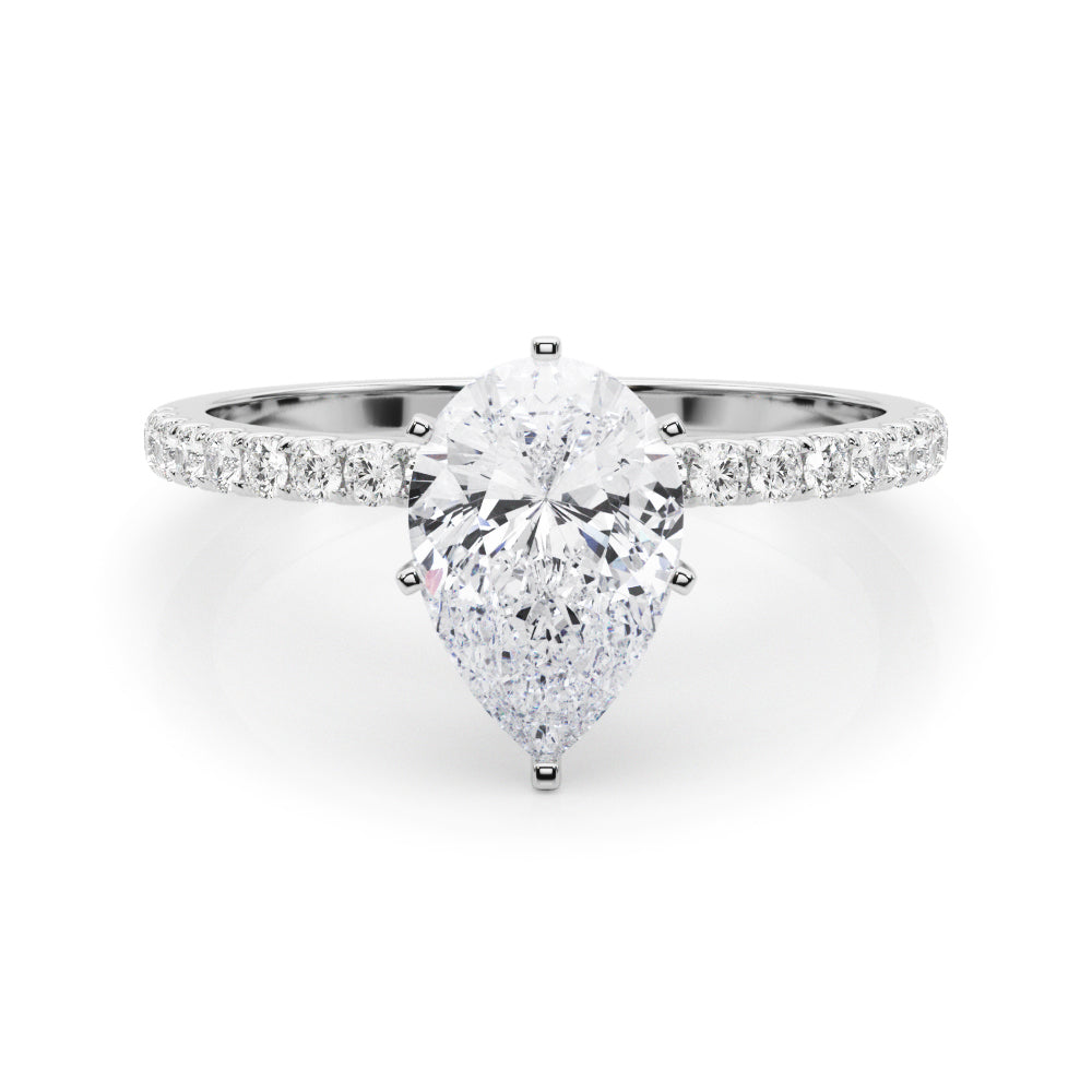 Silver Pear Solitaire Diamond Pavé Band with Four-Prong Setting