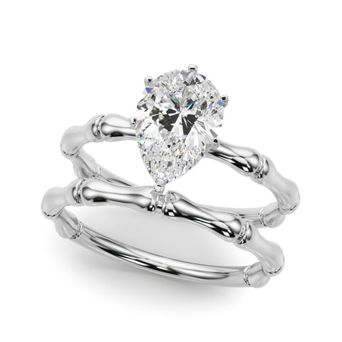 Silver Pear Solitaire Diamond Ring with Bamboo Band and Four-Prong Setting
