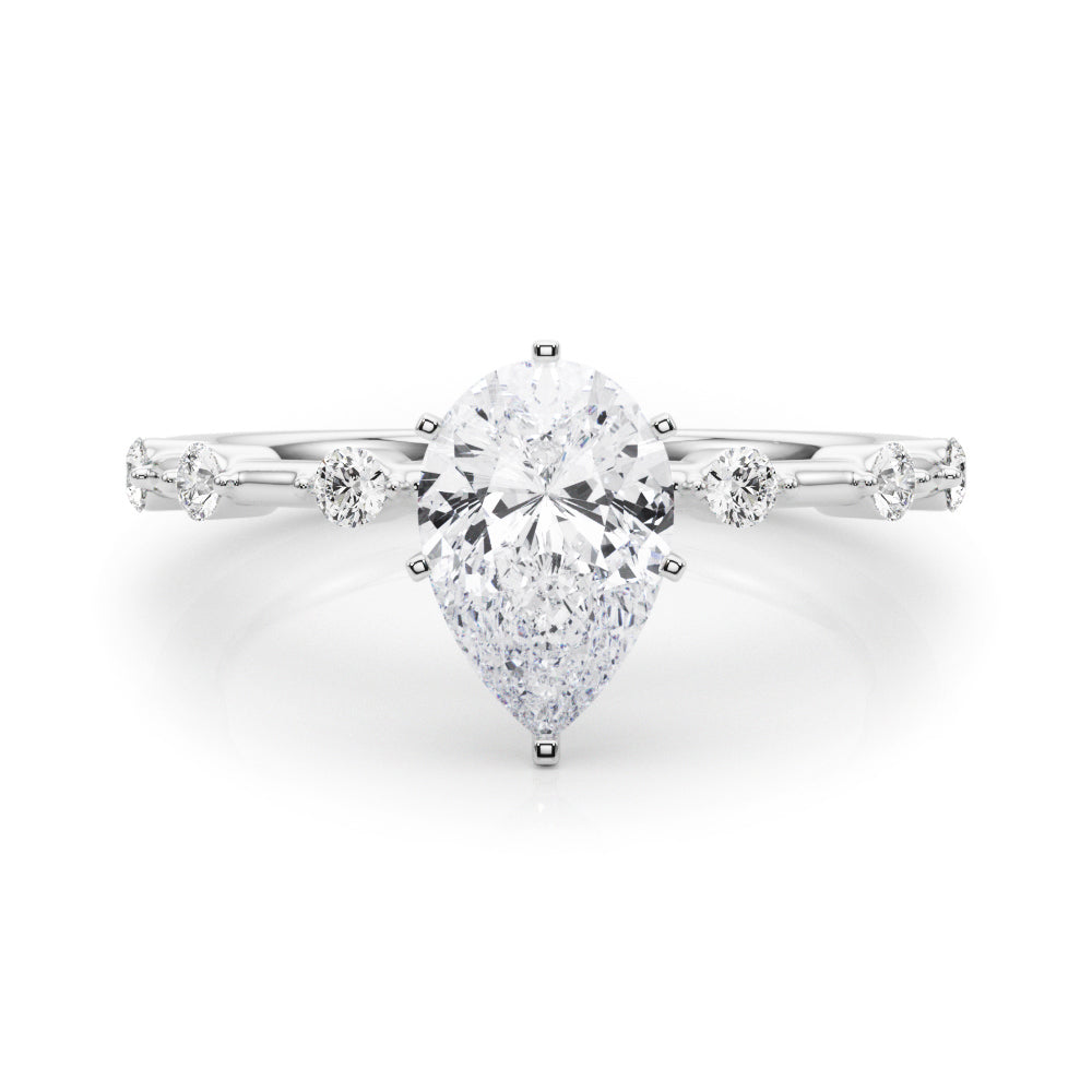 Silver Pear Solitaire Diamond Ring with Bezel Set Side Stones and Prong Setting