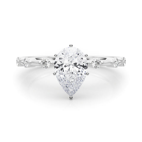 Silver Pear Solitaire Diamond Ring with Bezel Set Side Stones and Prong Setting