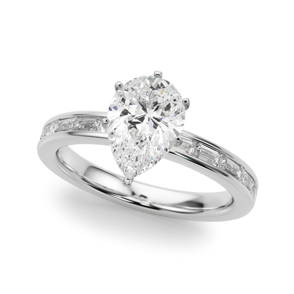 Silver Pear Solitaire Diamond Ring with Channel-Set Baguette Band and Four-Prong Setting 2