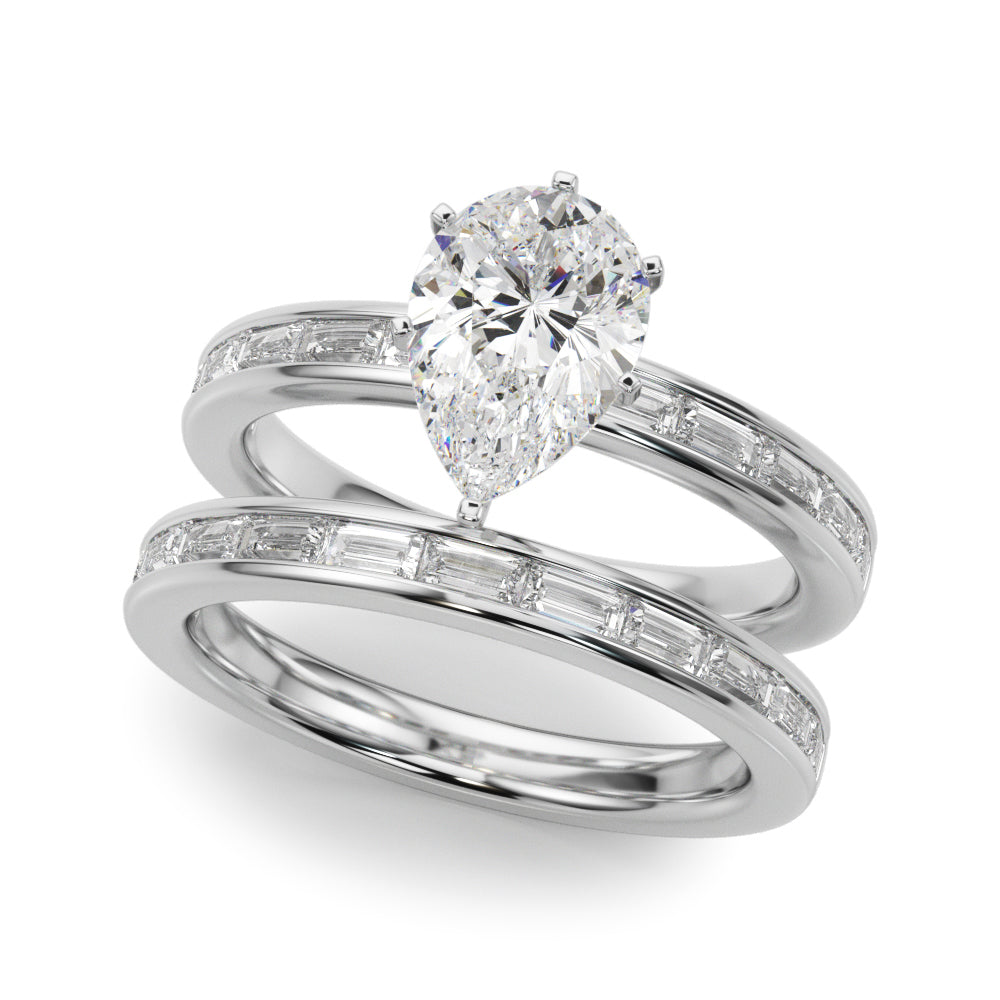 Silver Pear Solitaire Diamond Ring with Channel-Set Baguette Band and Four-Prong Setting