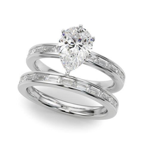 Silver Pear Solitaire Diamond Ring with Channel-Set Baguette Band and Four-Prong Setting