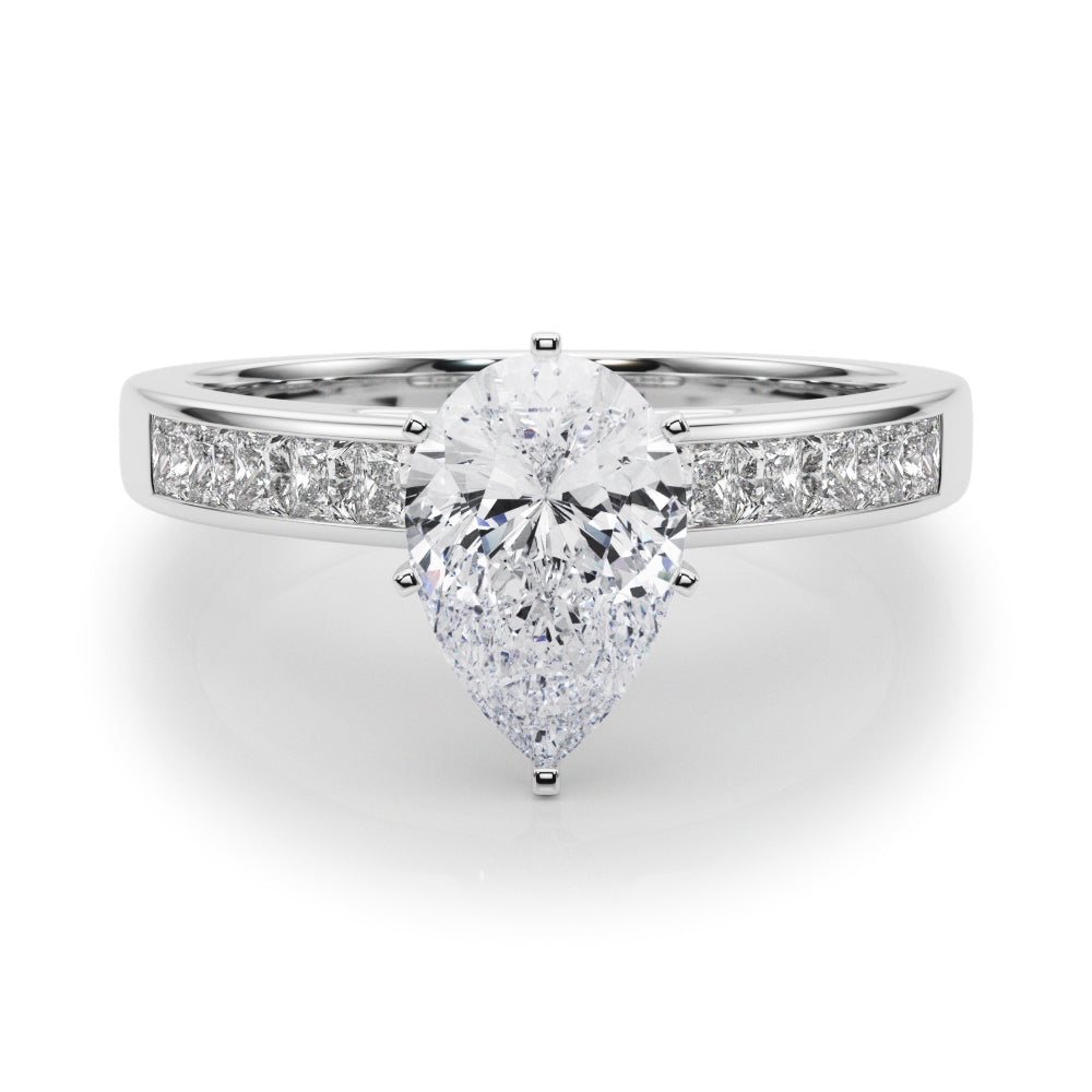 Silver Pear Solitaire Diamond Ring with Channel-Set Band and Four-Prong Setting