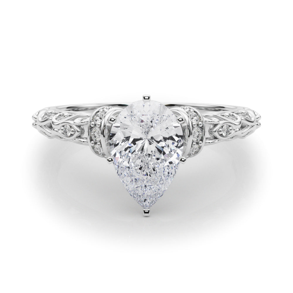 Silver Pear Solitaire Diamond Ring with Filigree Band and Four-Prong Setting