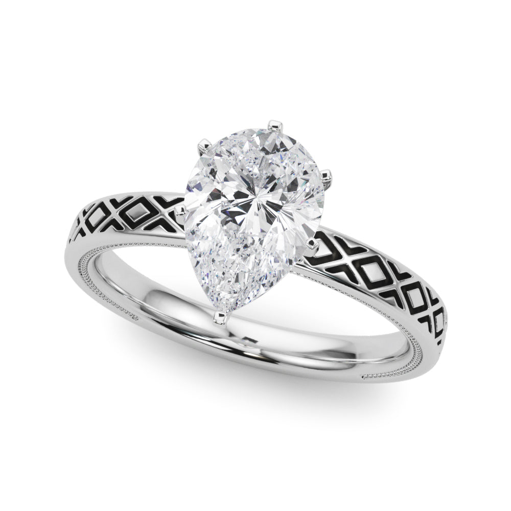 Silver Pear Solitaire Diamond Ring with Milgrain and Black Enamel X Pattern Band 2