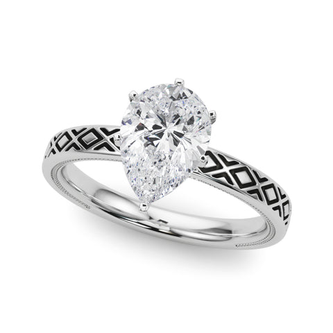 Silver Pear Solitaire Diamond Ring with Milgrain and Black Enamel X Pattern Band 2