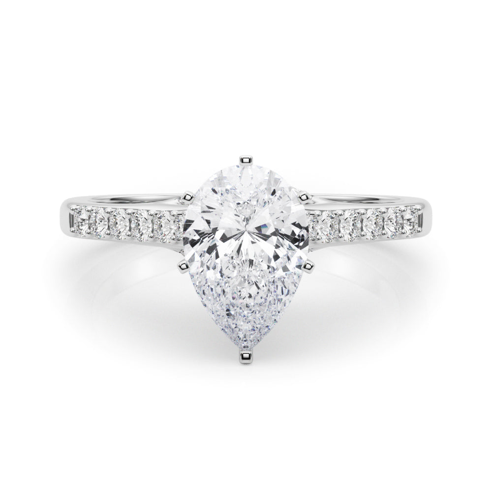 Silver Pear Solitaire Diamond Ring with Pavé Band and Four-Prong Setting
