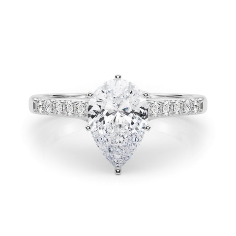 Silver Pear Solitaire Diamond Ring with Pavé Band and Four-Prong Setting