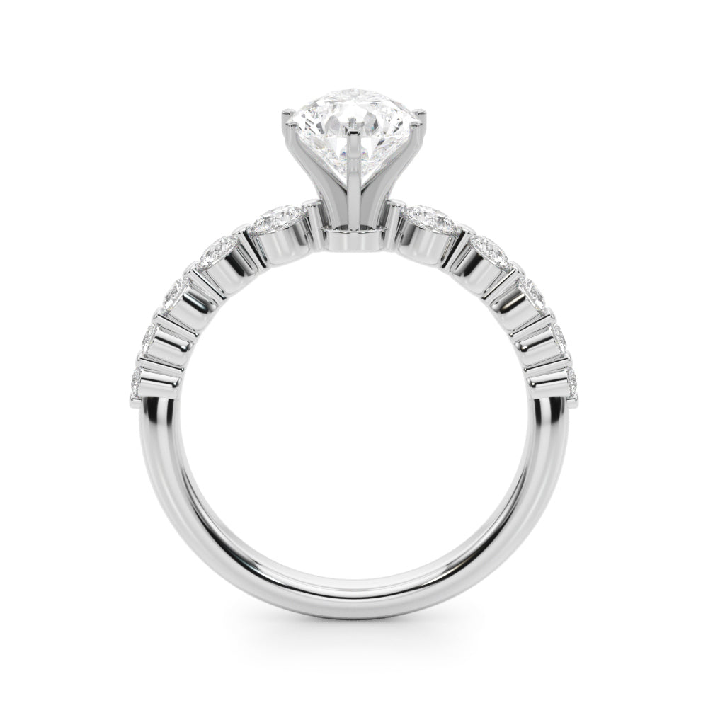 Silver Pear Solitaire Diamond Ring with Pave Band and Four-Prong Setting 1