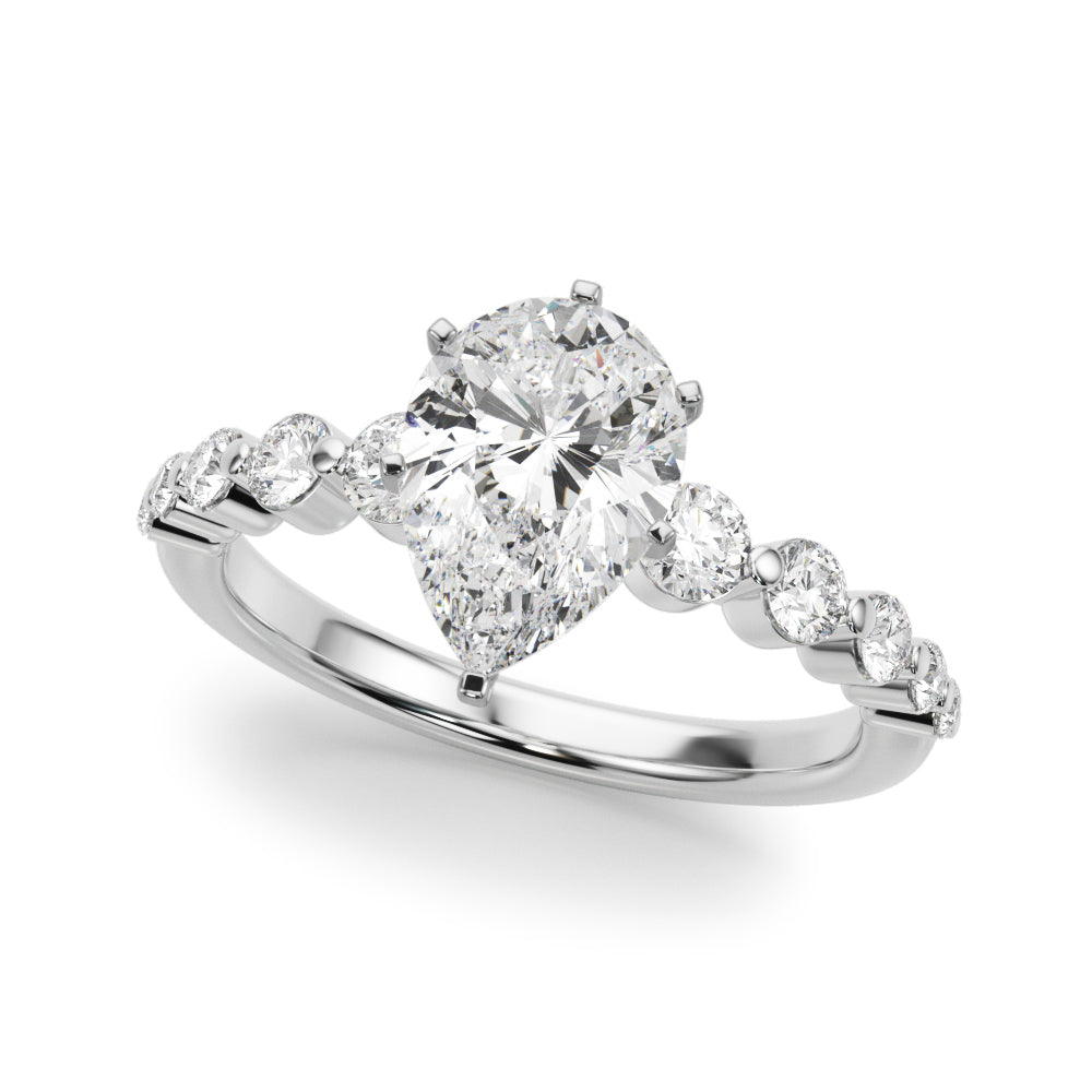 Silver Pear Solitaire Diamond Ring with Pave Band and Four-Prong Setting 2