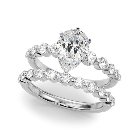 Silver Pear Solitaire Diamond Ring with Pave Band and Four-Prong Setting
