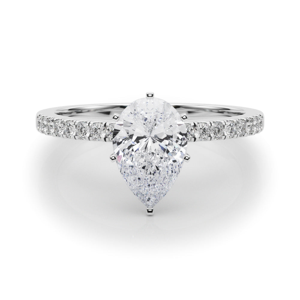 Silver Pear Solitaire Diamond with Pavé Band and Four-Prong Setting