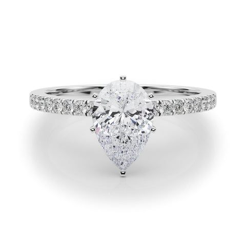 Silver Pear Solitaire Diamond with Pavé Band and Four-Prong Setting