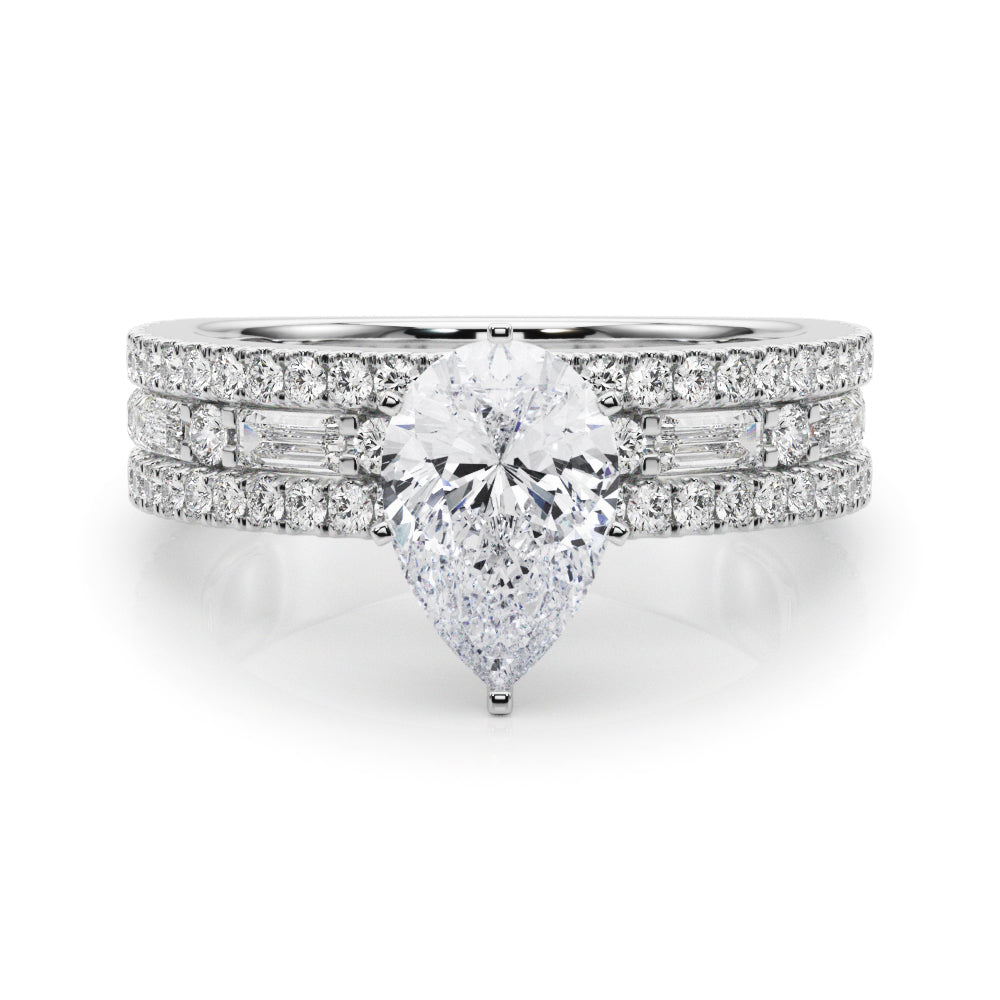 Silver Pear Solitaire Diamond with Pave and Channel Set Band