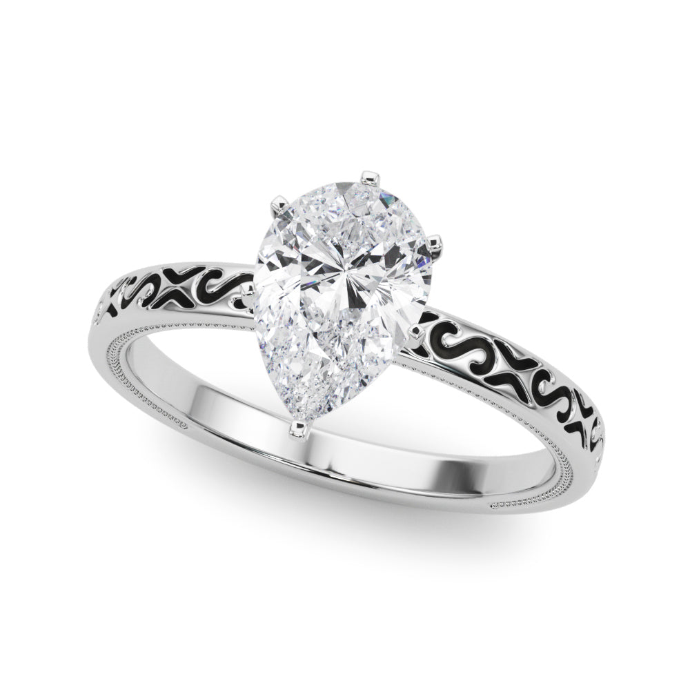 Silver Pear Solitaire Engagement Ring with Scrollwork Band and Four-Prong Setting 2