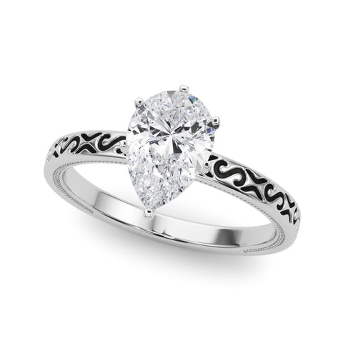Silver Pear Solitaire Engagement Ring with Scrollwork Band and Four-Prong Setting 2