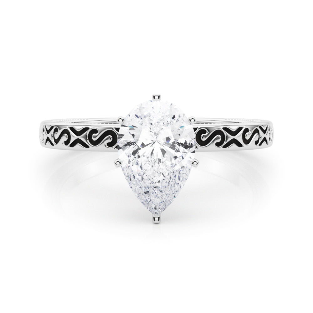 Silver Pear Solitaire Engagement Ring with Scrollwork Band and Four-Prong Setting