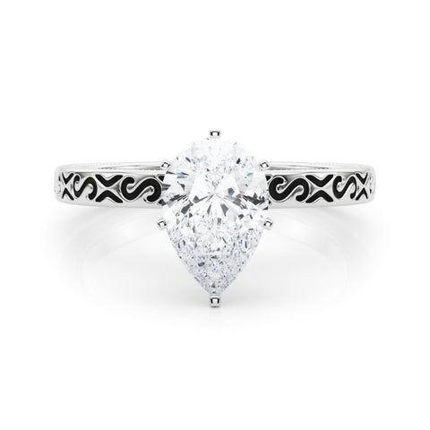Silver Pear Solitaire Engagement Ring with Scrollwork Band and Four-Prong Setting