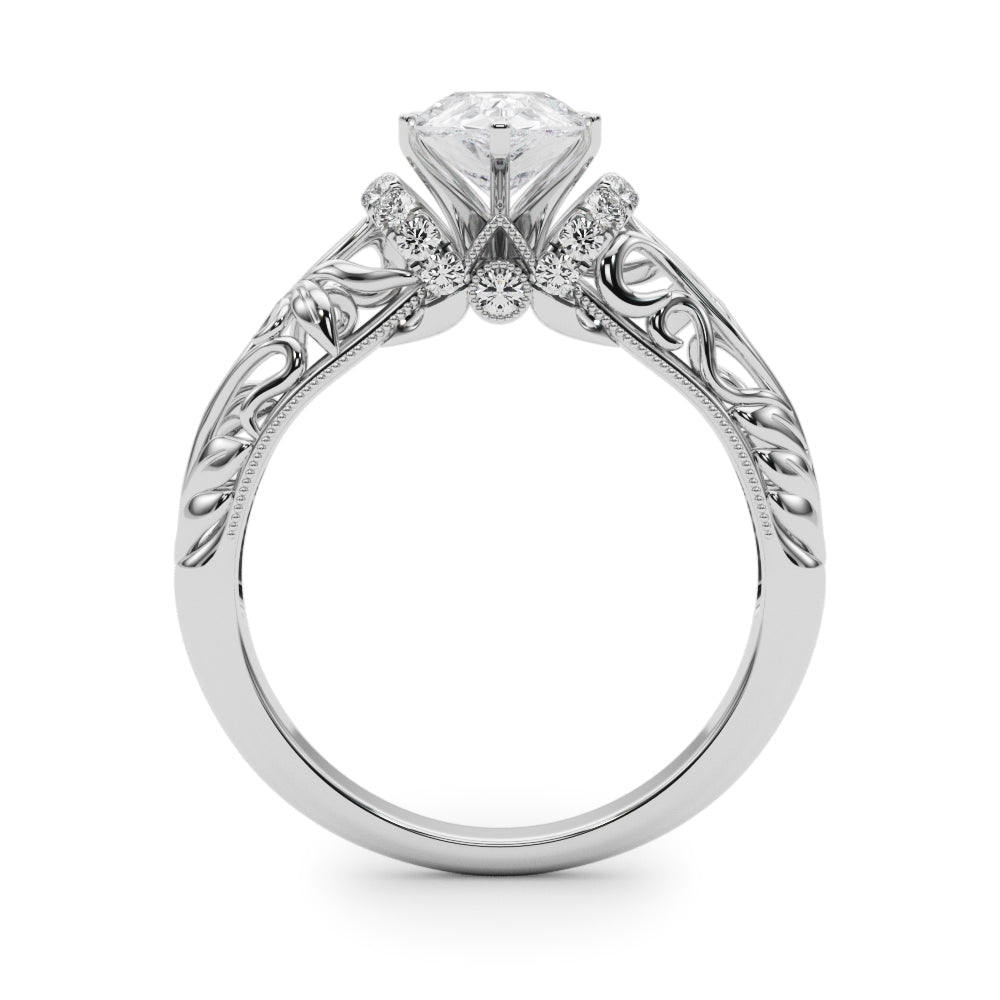 Silver Pear Solitaire Filigree Engagement Ring with Halo and Prong Setting 1